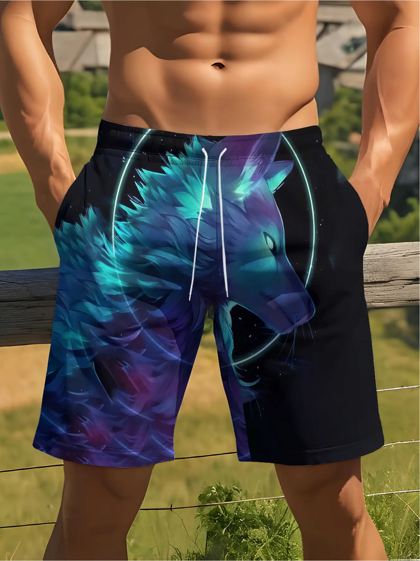 Quick-Dry Swim Shorts with Adjustable Drawstring Waist, Full-Body Wolf Design for Surfing, Swimming & Outdoor Activities - Machine Washable Casual Shorts, Dissolvable Swimming Shorts, Comfortable Fit, Active Lifestyle