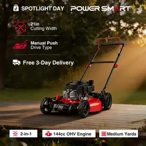 PowerSmart 18-Inch/21-Inch Gas Push Lawn Mower(DV8618C/DV8621C) with 144cc 4-Cycle OHV Engine, 2-in-1 with Mulch and Side-Discharge, 6-Position Adjustable Cutting Height(D)