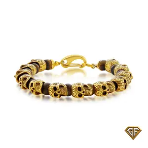 Mens Gold Skull Bracelet , Tiger Eye, Christmas Gift, High Detailed bracelet, Solid Stainless Steel, 9 inch bracelet
