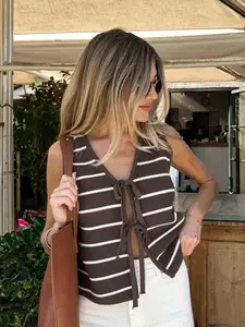 Women's Casual Striped Knit Top, Front Button Design, Loose-Fitting Short Sleeveless Shirt, Spring & Fall Fashion, Daily Wear, Womenswear