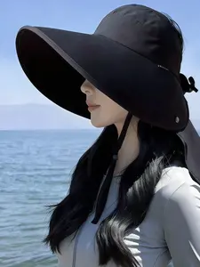 UV-Blocking Aesthetic Wide Brim Sun Hat With Adjustable Chin Strap Packable Ponytail Bucket Hat For Ladies, Summer Outdoor Hat, Beach Vacations Travel Essentials Hair Headband Camping Gear Beach Accerssories
