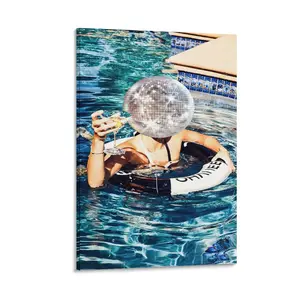 Funky Disco Ball Decor. Summer Pool Party Cocktail Canvas. Preppy Trendy Blue Wall Art. Suitable for Decoration Anywhere. Poster Canvas Wall Art For Bedroom Decor Bar Office Room Decor Gift