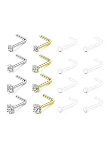 16Pcs 20G  Nose Studs Set, Hypoallergenic Surgical Steel Nose Rings, L-Shaped Corkscrew Clear CZ Piercing Jewelry with Invisible Retainers for Women