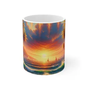 11oz 1111 Mug "Serene Bliss: Tropical Sunset Harmony with Angelic Embrace 1111" - Tropical Beach Sunset with Palm Trees Dolphins and Sailboats and angel number 1111 Drink Drinkware Reusable Cup Washable Reuse