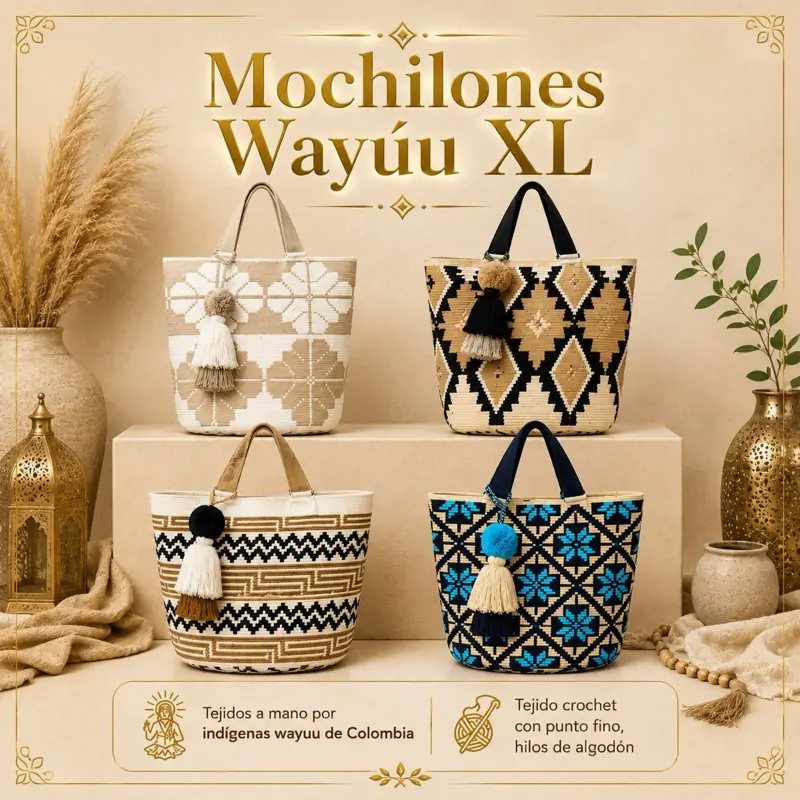 XL Wayuu Mochilón Tote  Artisan Handmade 14 H x 14 L x 4 W Geometric Design Durable Cotton Thread Open Top Boho Tassel