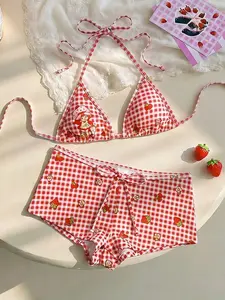 Strawberry Shortcake Women's Summer Beach Plaid Print Halter Bikini Set