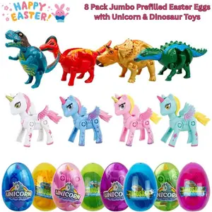 8 Pack Jumbo Prefilled Easter Eggs with Unicorn & Dinosaur Toys, Kids Easter Basket Stuffers, Party Favors for Boys & Girls
