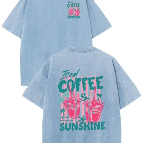 Holafish Retro Iced Coffee&Sunshine Double-Sided Line Art Print Washed Tee Vintage Minimalist Style Loose Casual Short Sleeve T-Shirt |   2026 New Color Summervibes Deals For You Days