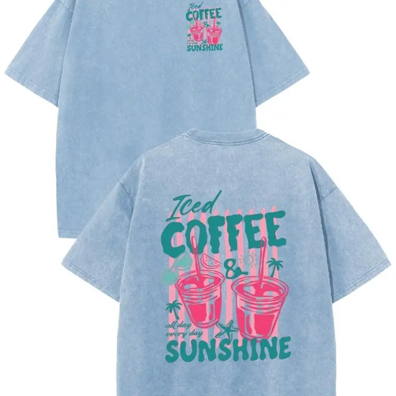 Holafish Retro Iced Coffee&Sunshine Double-Sided Line Art Print Washed Tee Vintage Minimalist Style Loose Casual Short Sleeve T-Shirt |   2026 New Color Summervibes Deals For You Days
