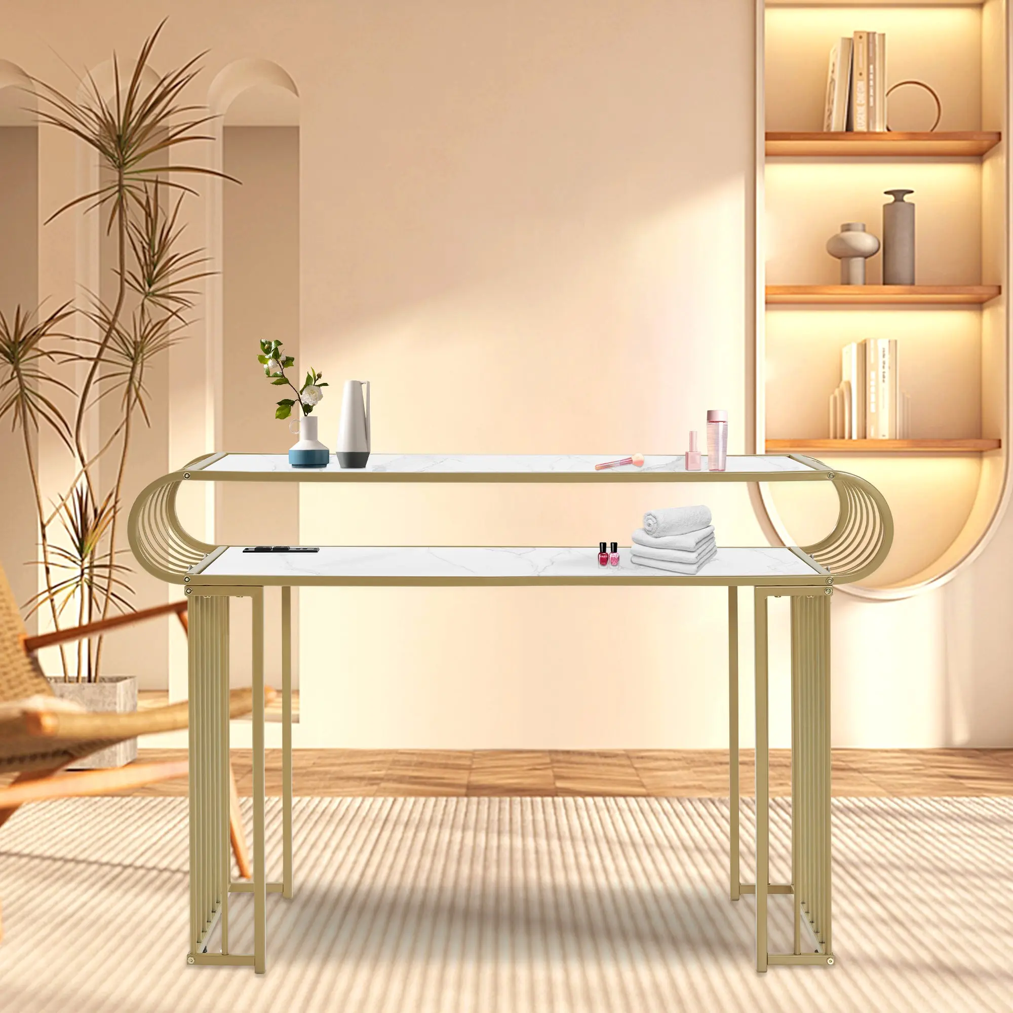 BarberPub Modern Commercial Salon Manicure Table, 2430 Model with Built-in Power Strip Featuring 2 Sockets and 2 USB Ports