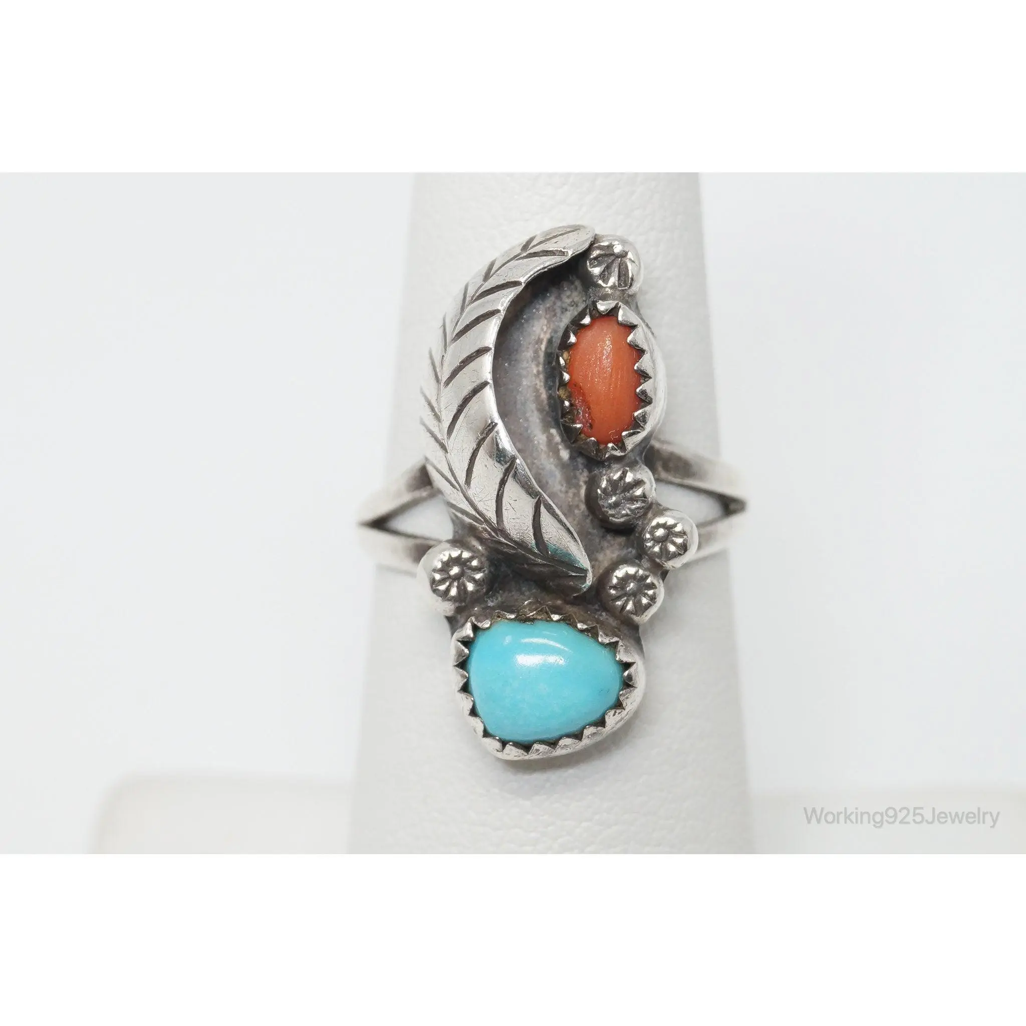 Vintage Native American Signed CM Turquoise Coral Sterling Silver Ring - SZ 6.25