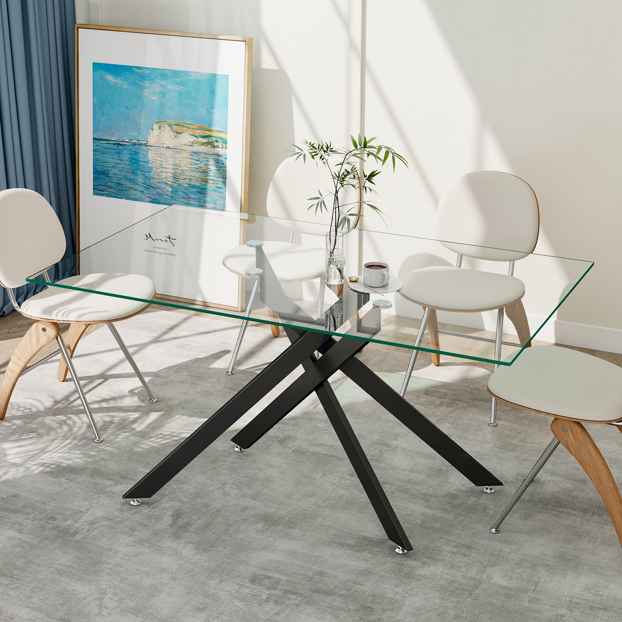 Rectangular Transparent Tempered Glass Dining Table - Modern Design with Black Metal Legs, Shatter-Resistant Surface for Kitchen & Dining Room(ONLY TABLE)