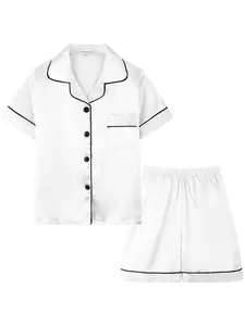 Kids Light Luxury White Satin Pajama Set Short Sleeve Shorts for Boys & Girls, Ideal Kids Girl Stuff & Kids Stuff, Silky Skin-Friendly Sleepwear, Trendy Teen Girl Clothes, Ages 5-14, Polyester, Plain