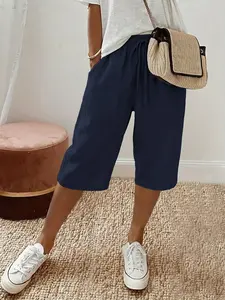 Women’s ultra-comfortable seven-eighths pants made from Lyocell linen weave, featuring side pockets, a drawstring elastic waistband, and soft fabric with a drapey hem—perfect for vacations and everyday wear; an essential for summer.