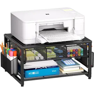 Metal Printer Stand for Desk with Storage Drawer and 2 Pen Holders, 2-Tier Desktop Organizer for Printer, Home Office Multi-Purpose Desk Organizer for Fax Machine, Scanner, Files (Black)