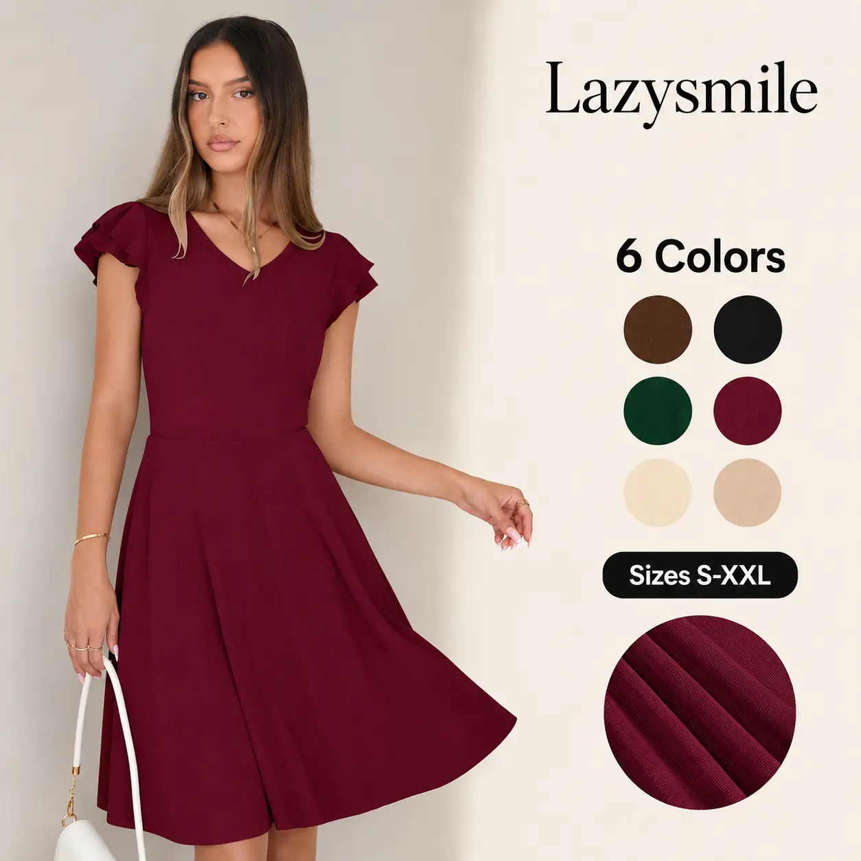 Lazysmile Women's Ribbed Knit V-Neck Ruffle Shortsleeve A-Line Swing Casual Mini Dress - Chic, Comfortable Everyday Piece Easy to Pair with Accessories, Style, Casual Wear, Stylish Women's Wear, Lady, Short Sleeves, Ready To Wear