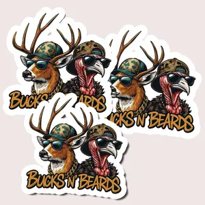 Bucks and Beards Hunting Sticker 2025, Cool Deer and Turkey Camo Decal for Outdoorsmen and Trucks