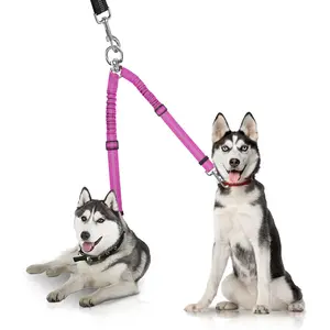 Double Dog Leash, Two Dog Leash Splitter, No Tangle 360° Swivel Rotation Reflective Lead, Adjustable Length Bungee Heavy Duty Walking Training Dual Extension (Rose Red)