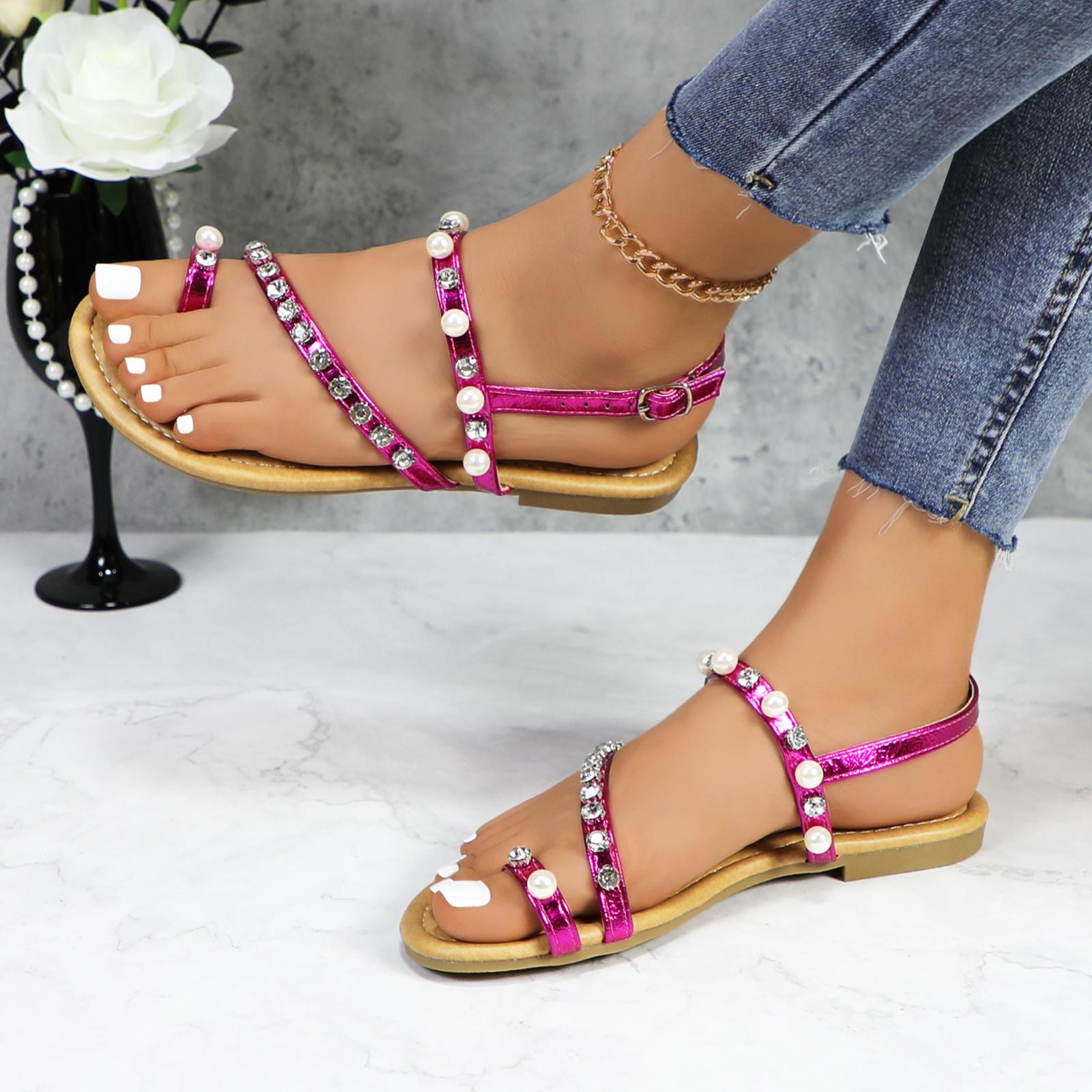 Women Lovely Pearl Strappy Open Toe Flat Sandals Ankle Strap Toe Ring Comfortable Summer Beach Casual Vacation Shoes Women Lovely Pearl Strappy Open Toe Flat Sandals Ankle Strap Toe Ring Comfortable Summer Beach Casual Vacation Shoes