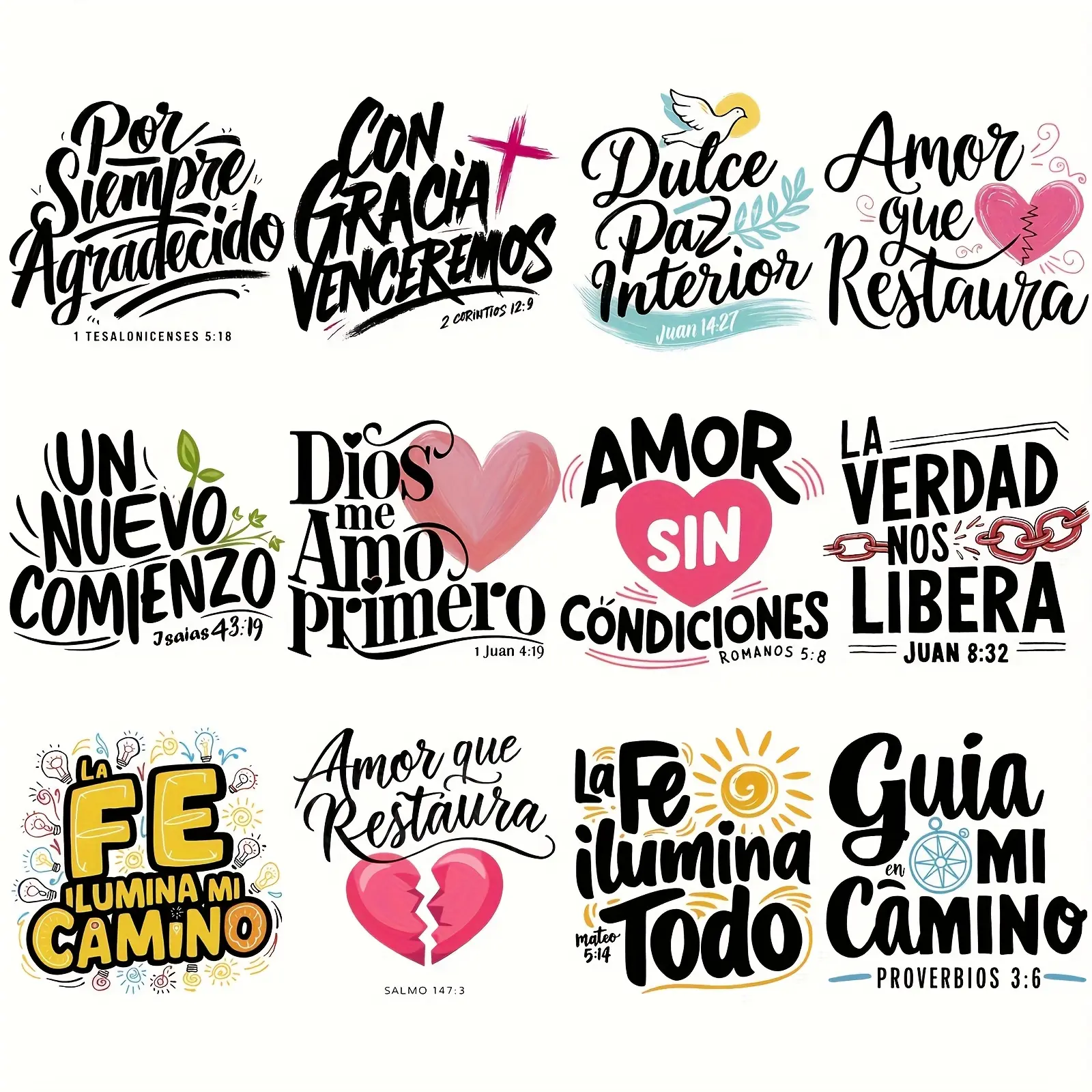 12pcs/set Spanish Bible Verse Heat Transfer Stickers Set, Suitable for DIY Crafts T-shirts, Hoodies, Bags, Hats Religious Phrases Vinyl Stickers- Mixed Colors Vinyl Sewing and Knitting Supplies, Handmade Crafts
