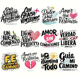 12pcs/set Spanish Bible Verse Heat Transfer Stickers Set, Suitable for DIY Crafts T-shirts, Hoodies, Bags, Hats Religious Phrases Vinyl Stickers- Mixed Colors Vinyl Sewing and Knitting Supplies, Handmade Crafts