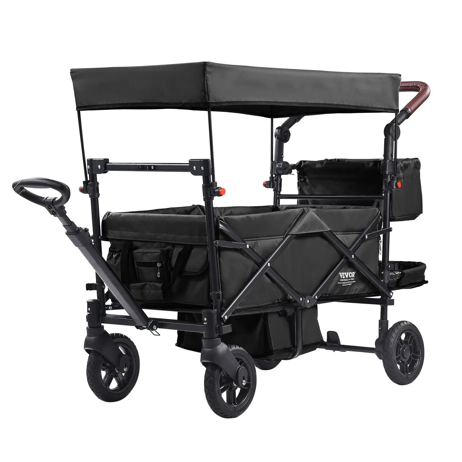 Wagon Stroller for 2 Kids, Push Pull Quad Collapsible Stroller with Adjustable Handle, Encircling Harness Removable Canopy, 4 Wheels with Brakes, Mutifunction Tandem Stroller for Camping