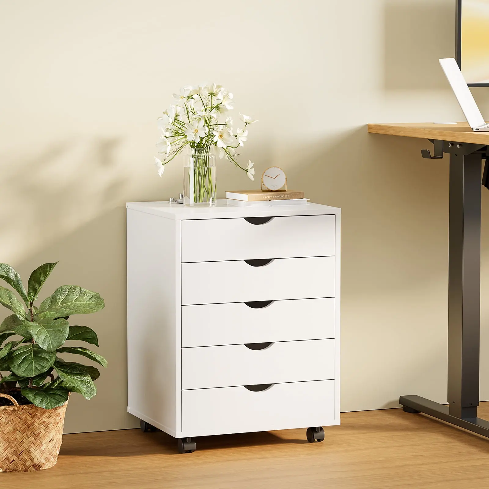 Gianna 5-Drawer Portable Rolling Storage Cabinet - White Indoor Furniture for Office, Bedroom Organization