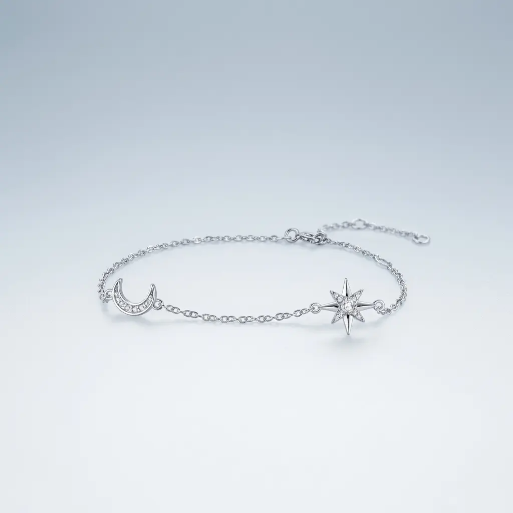 Women's S925 Sterling Silver Adjustable Moon & Star Bracelet, Pavé-Set D Color VVS Quality Round-Cut Moissanite, Birthday Anniversary Gift