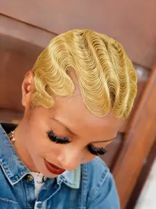 Short Human Hair Wigs for Women, Curly Pixie Cut Wigs, Finger Ocean Wave, Non Lace Full Machine Made, Glueless Pixie Wig