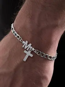 Men's Silver Color Initial Cross Bracelet, Vintage Stainless Steel Figaro Chain, Casual Style, All Season Wear, No Choking Hazard, Cross Charm Bangle