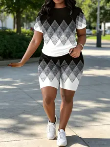 2026 NEW Women’s Plus Size Casual Summer Set – Gradient Black & White Plaid Tee + Loose Sport Shorts with Pockets, Soft Polyester Knit, Comfortable Everyday Wear