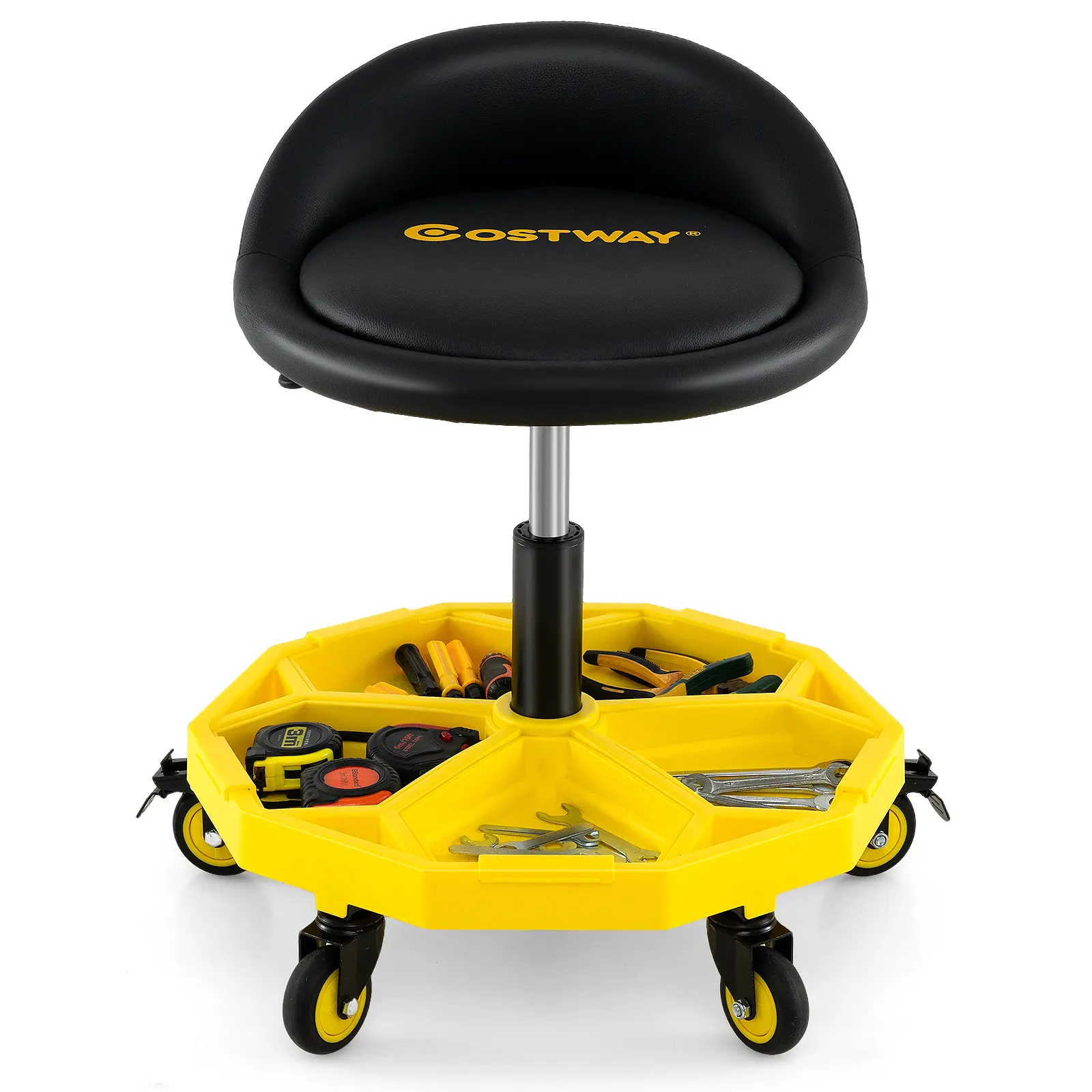 COSTWAY - 20 Inch-25 Inch Height Adjustable Rolling Garage Stool with Tool Tray Storage-Yellow