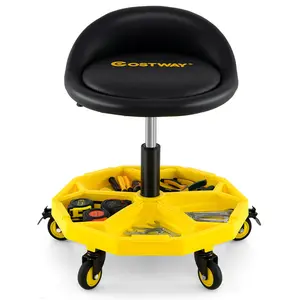 COSTWAY - 20 Inch-25 Inch Height Adjustable Rolling Garage Stool with Tool Tray Storage-Yellow