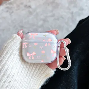 Pink Bow Fantasy Pattern Protective Case for AirPods 4/3/2/1/Pro/Pro2 Soft TPU Earphone Cover, Transparent with Keychain
