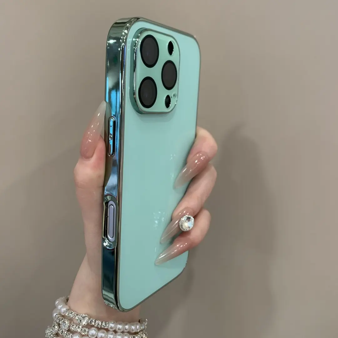 Nordic Cute Unisex Electroplated Ice-Feel Glass Phone Case - Solid Color, Logo-Free, Protective Glass Shell for iPhone 13,14,15,16 New Models, Couple-Compatible Phone Cover Accessory