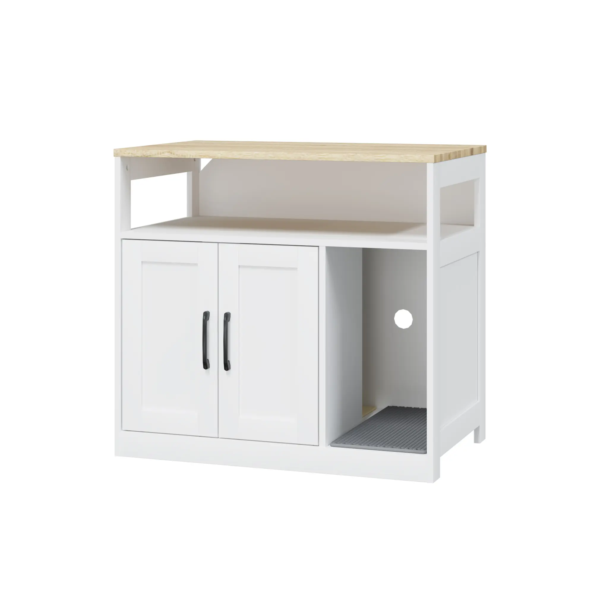 White Hidden Litter Box Enclosure with Open Top Storage, Double Framed Door Cat Litter Cabinet with Litter Trapping Mat, Dual Compartment Indoor Cat Washroom Furniture for Large Cats