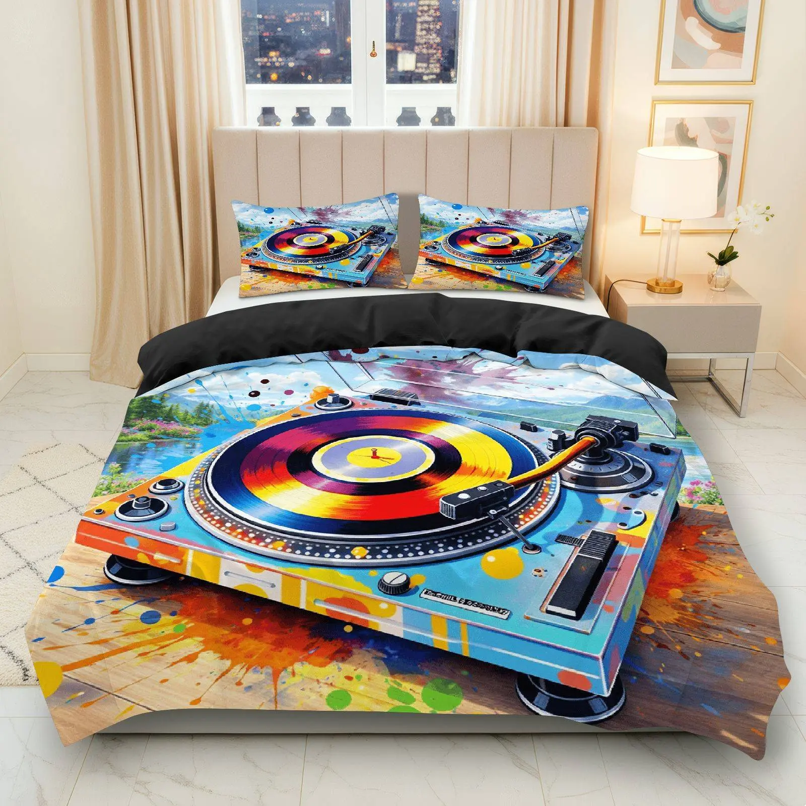 3PCS Duvet Cover Set, 1 Duvet+2 Pillowcases(Without filler), Music Retro Colorful Turntable Splatter theme, Christmas bedding set, DJ Art Suitable for decoration bedroom livingroom  musicroom.