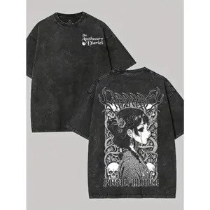 Men's Loose-Fit, Heavyweight (260g) Pure Cotton Vintage Washed T-Shirt - Anime/Manga & Gothic-Style Skull Graphic with Japanese Text Print; Y2K Streetwear Short-Sleeve Top featuring a Double-Sided Graffiti Spray-Paint Design.