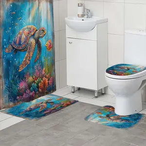 1/4pc underwater coral turtle pattern bathroom set,waterproof barrier multifunctional shower curtain with 12 hooks, anti slip bathroom floor mat, bathroom U-shaped mat, bathroom cover mat, bathroom decoration, bathroom partition, room decoration