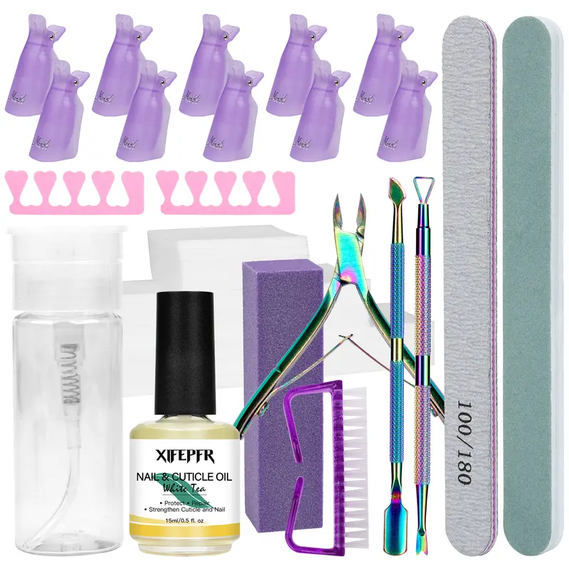 XIFEPFR Paraben-Free Nail Care Gel Polish Remover Tools Kit for Women, 521-Piece Set with Clips, Dry Wipes, 100ml Pump Bottle, Cuticle Oil, Trimmer, File, Pusher, Brush - Hassle-Free Use, Perfect Gift for Girlfriend for Any Occasion
