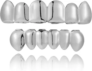 Grillz - Gold & Silver 6/8 Teeth Top & Bottom Grillz Set for Men and Women, 14K Gold Plated Teeth Caps for Halloween Costume Accessories