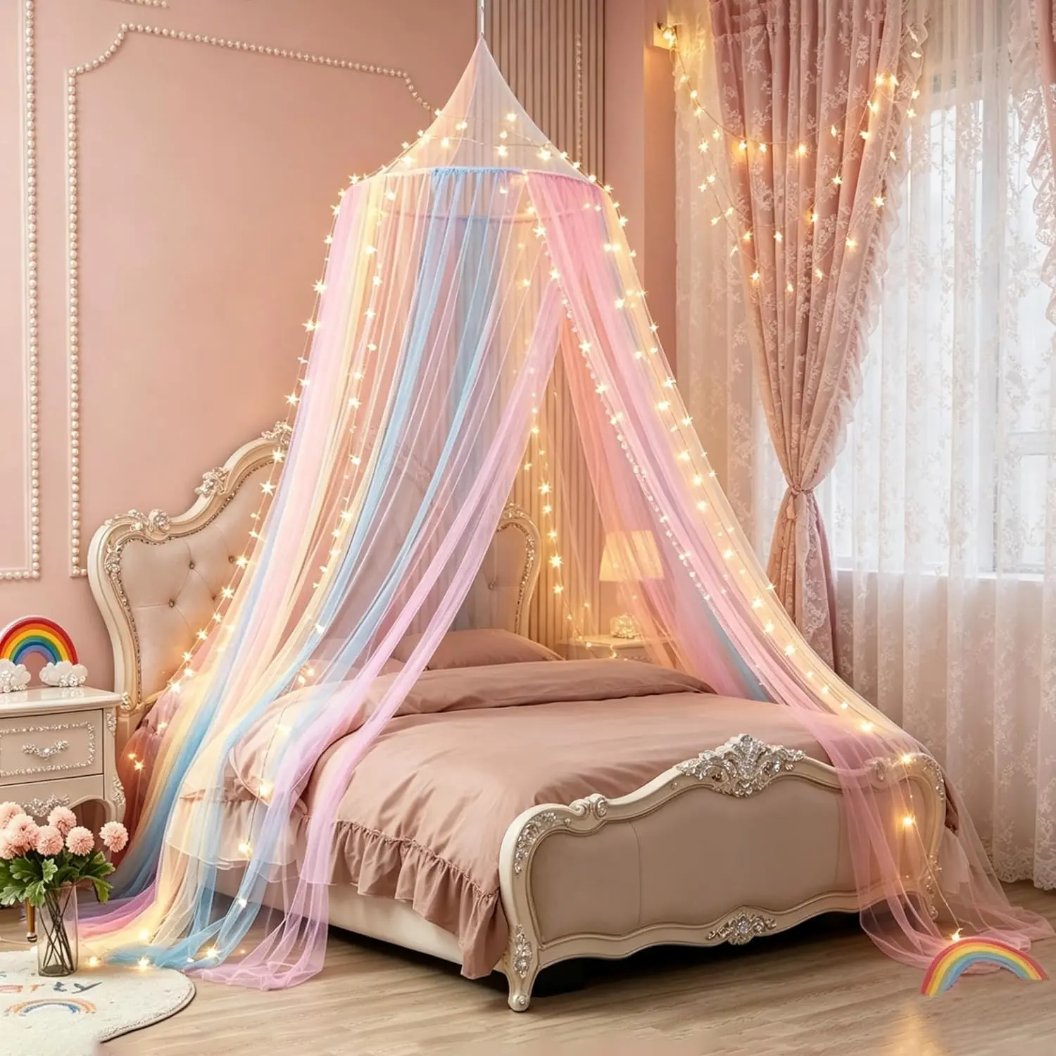 Rainbow Bed Canopy, Ceiling Hanging Dome Mosquito Net, Mesh Netting, Princess Style Bed Curtain, Mosquito Netting Curtains, Bedroom Decor for Twin, Queen, King Beds
