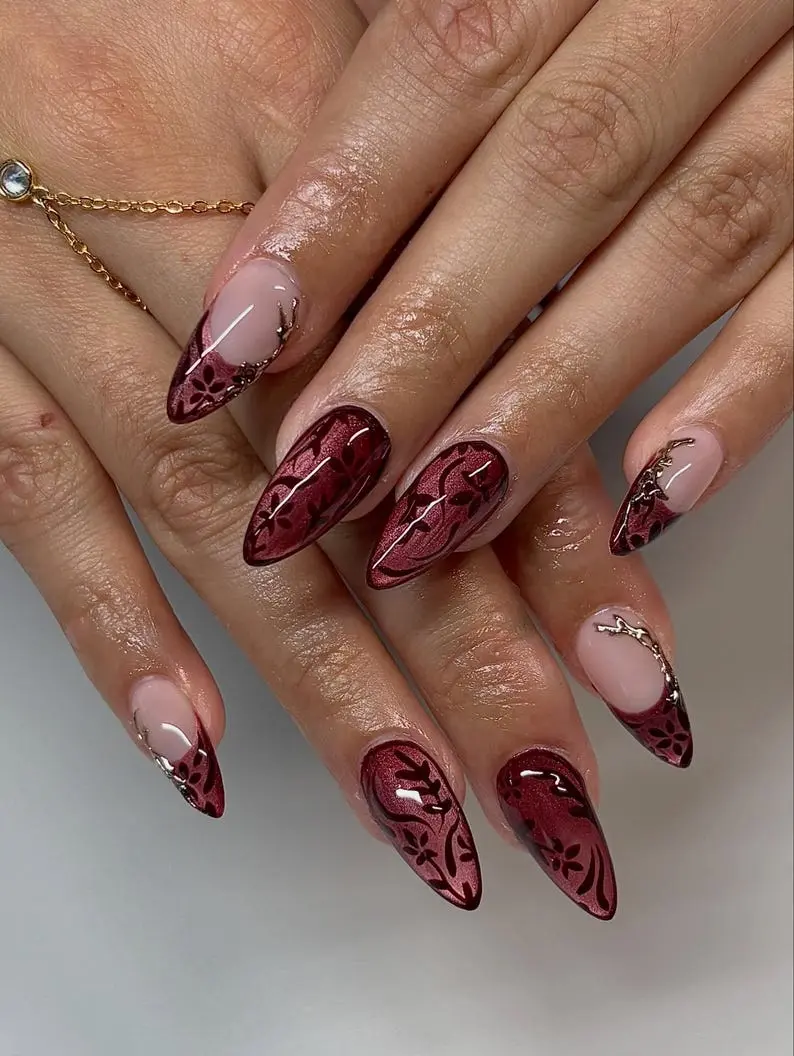 Handmade Burgundy Cat Eye Press On Nails, Floral 3D Silver Nail Art