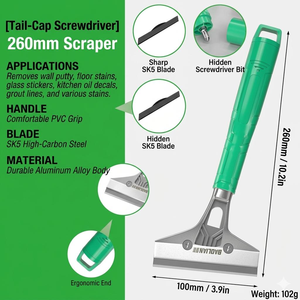 2Pcs Heavy Duty Aluminum Alloy Scraper Tool with SK5 Carbon Steel Blades, Professional 4-Inch Razor Scraper for Floor, Wall, and Glass Cleaning, Ergonomic PVC Padded Handle Paint and Adhesive Remover