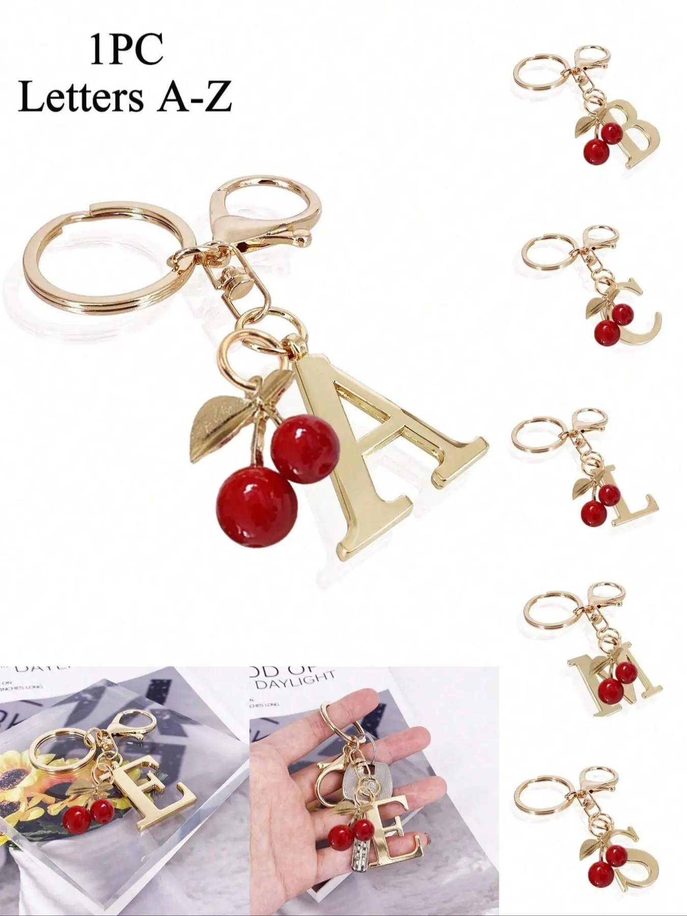 Gold letter keychain, Keychain jewelry, Initial keychain, 3D letter tags A-Z, cherry accessory, alloy keyring, Keychain For Bags, bag and backpack charm, everyday accessory for women, gift for friends, family, special occasions