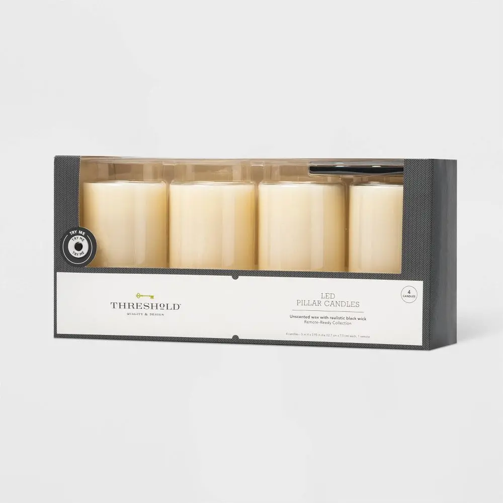 4pk Threshold 5" x 3" LED Flameless Black Wick Pillar Candle White & Remote 4pk Threshold 5" x 3" LED Flameless Black Wick Pillar Candle White & Remote