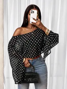 Elegant Women's Polka Dot Print Asymmetric Neck Split Sleeve Long Sleeves Loose Shirt, Perfect for Outing and Parties, Stylish and Comfortable