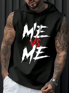 Men's Sleeveless Hooded Vest 'me Vs Me' Motivational Print, Casual Loose Fit, Streetwear Sports Top, Fitted H-Type Silhouette#MotivationalWear #OOTD #TikTokFashionFinds #WorkoutOutfit