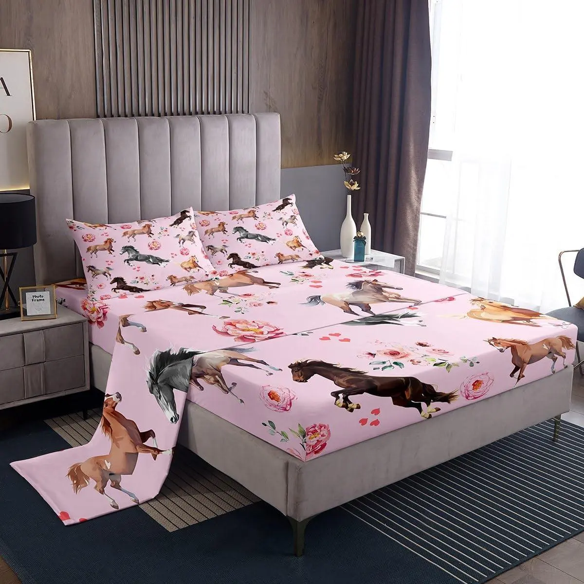 Horse Sheet Set Pink Romantic Rose Bed Sheets Women,Watercolor Galloping Horse Bedding Set Rustic Lodge,Farmhouse Animal Comforter Fitted Sheet + Top Sheet