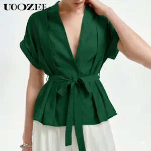 UOOZEE Women's Trendy Summer Tie-Waist Flared Peplum Blouse Shirts - Loose Minimalist Feminine Solid Color V-Neck Top with Belt, Breathable Fabric, Suitable for Casual/Office Wear (1 Size Up for C-Cup+, Pair with Trouser/Streetwear Leggings)